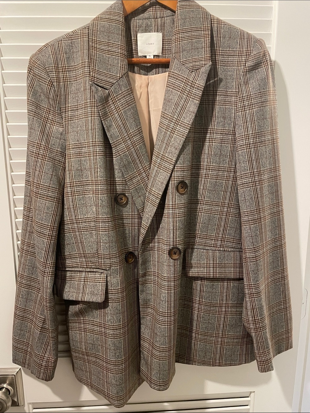 Wool-Blend Glen Plaid Double-Breasted Blazer in Grey and Brown